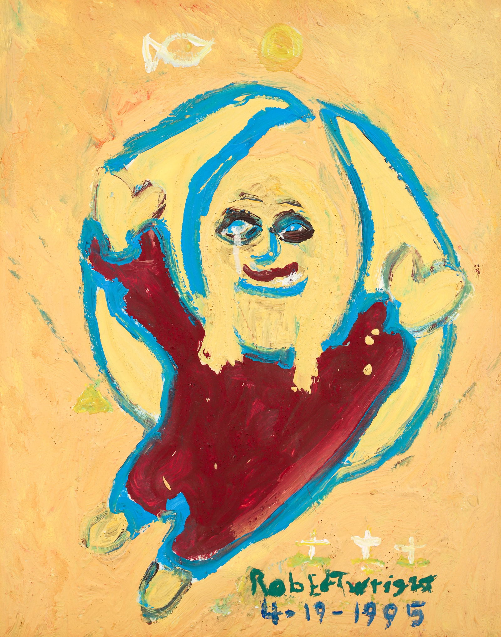 Robert Wright Oil on Cardstock Lemon Man: Wright, Robert (American/Pittsburgh, Pennsylvania 1943-2006), Lemon Man, 1995, oil on cardstock, signed and marked 4-19-1995. Cardstock 19.5 x 15.5, in 21.25 x 17.25 wooden frame.