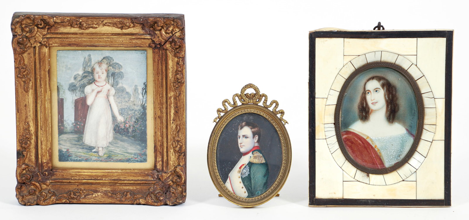 3 miniature portraits including Napoleon: Lot of 3 miniature portraits on bone, 19th century, including Napoleon, a lady and a full length portrait of a young girl, all in period frames (brass, bone and wood), frame size 6 x 5.5 inches and sm