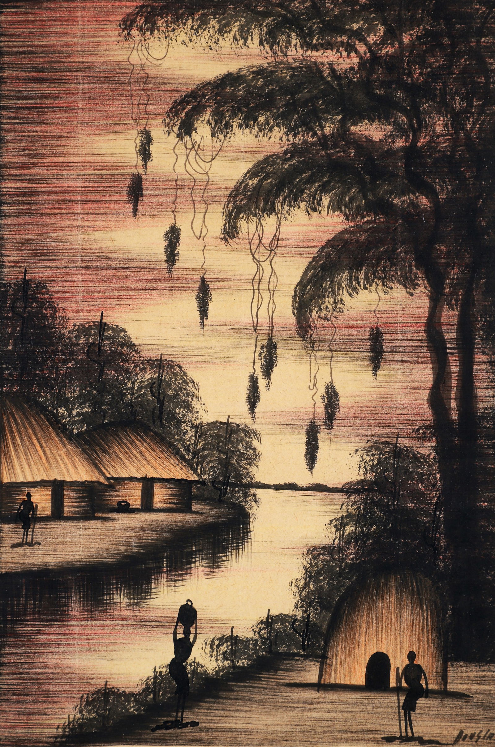 African Silhouette Pencil Drawing Signed Douglas (1 of 3)