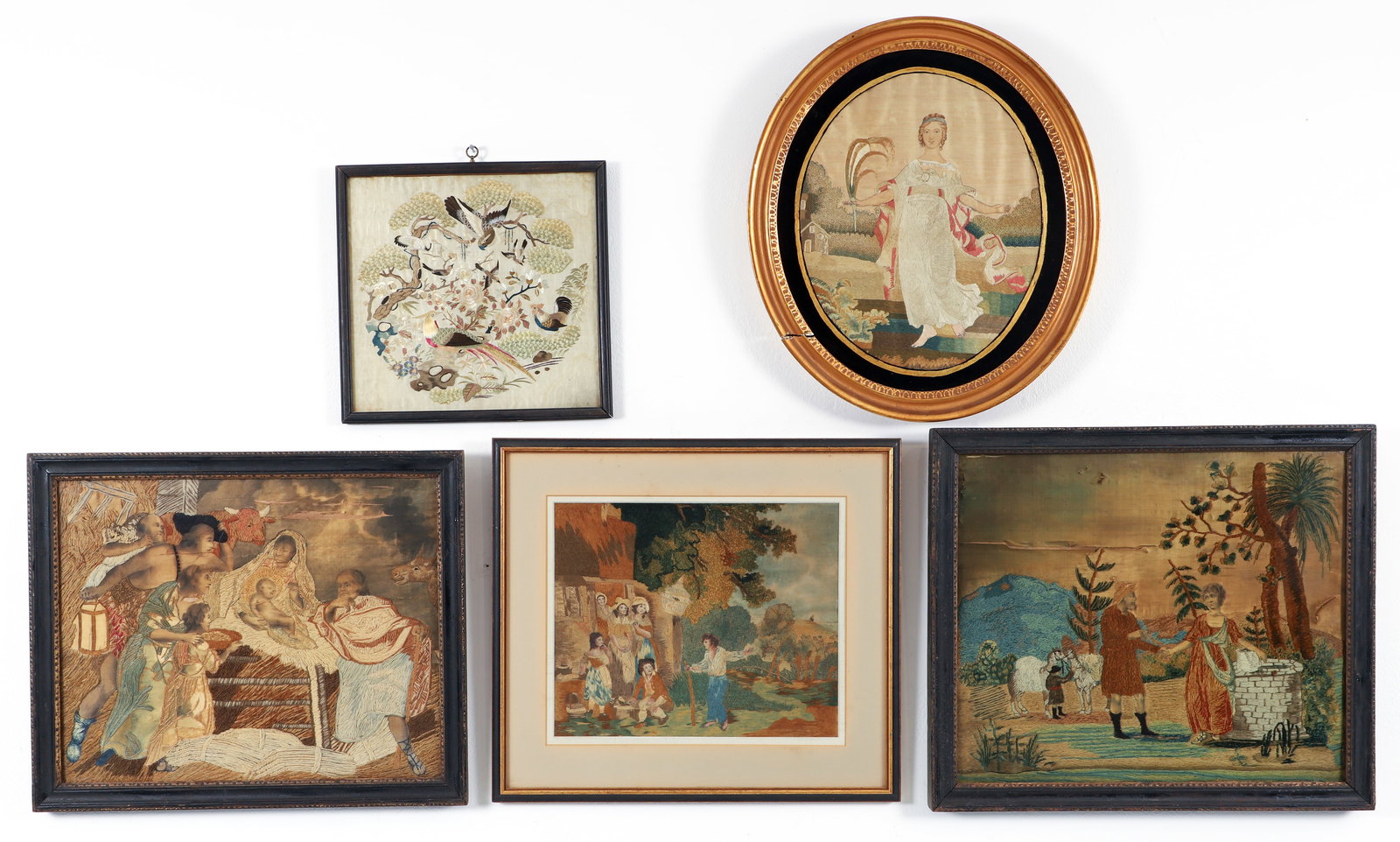 Lot of 5 19th century needlepoint embroideries on silk (1 of 3)