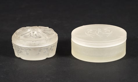 2 vintage Lalique Powder Boxes, Dragonfly and Dancing Nudes