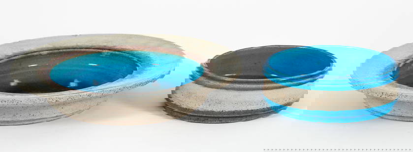 2 Nils Kahler Glazed Stoneware Dishes Denmark: 2 Nils Kahler for Kahler Keramik dishes, Danish, 1960s/1970s. One with rich blue glaze in interior, caramel to clear glaze rim, unglazed exterior. The other with rich blue glaze interior partial exter