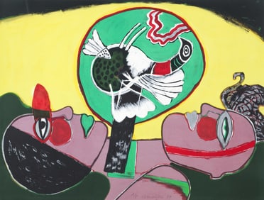 Corneille 1979 orig litho L'ete Eclater Portrait Heads Exotic Bird