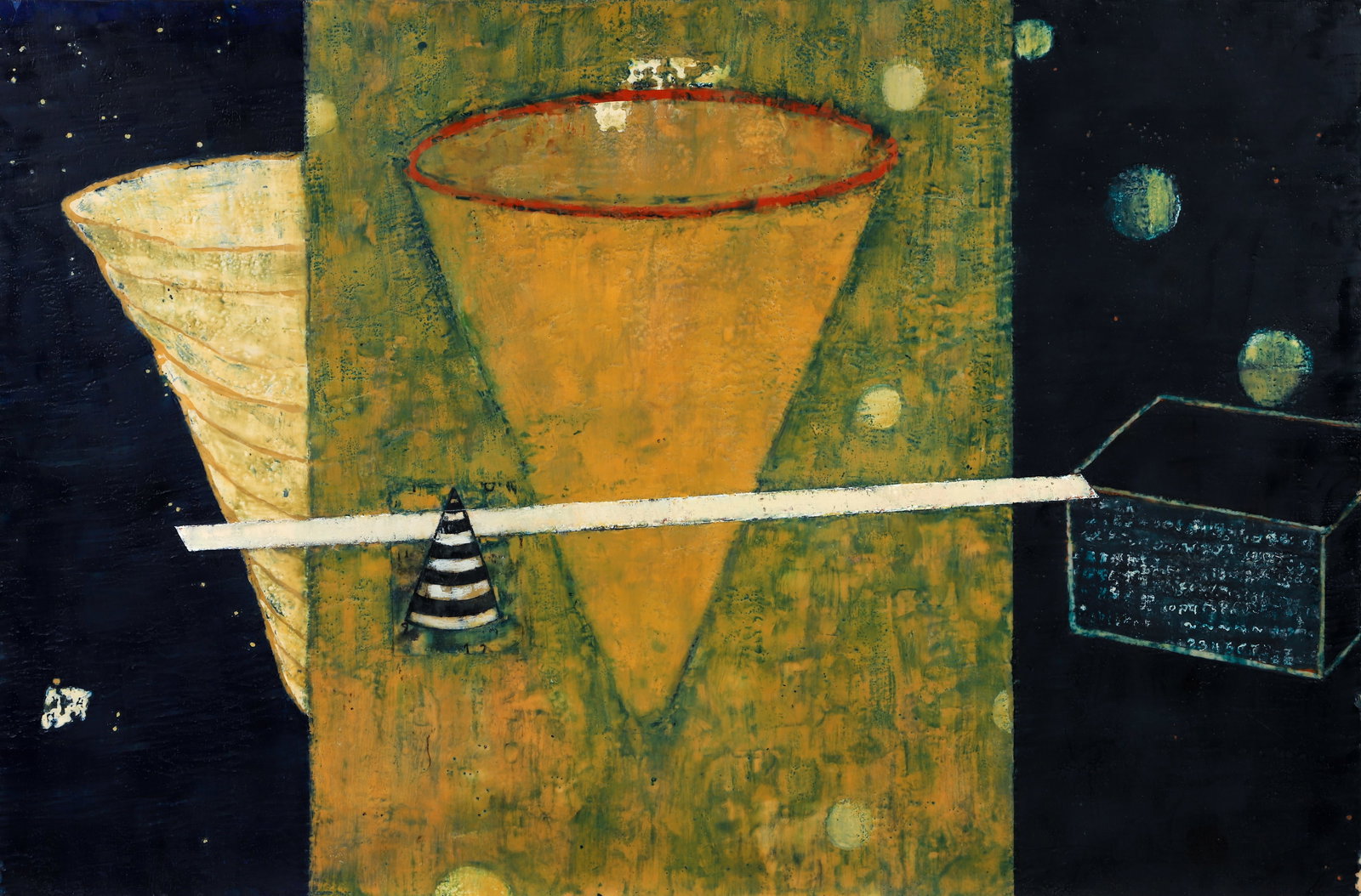 Diana Gonzalez Gandolfi 2001 painting Regained Balance: Gandolfi, Diana Gonzalez (Argentinian-American, b. 1951), Regained Balance, 2001, collage, oil and encaustic on wood panel, 32 x 48 inches, signed, titled, dated on the reverse.