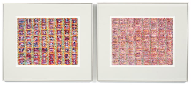 Pair of framed watercolors Stacked Lines by Knoll 1980s