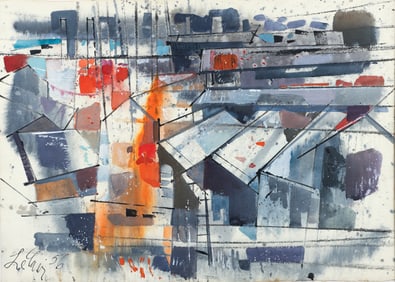 Charles LeClair 1956 Cubist Cityscape watercolor