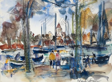 Roland Lefranc watercolor Boats Along the River