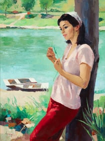 Carl Antonio Longi Impressionist style oil Woman by The River