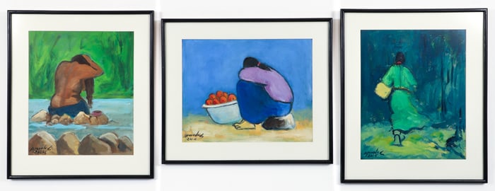 3 Ruben Morales paintings of paper Indigenous Mexican Women
