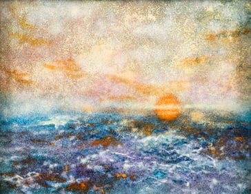 Ocean Sunset painting on metal in the style of Virgil Cantini
