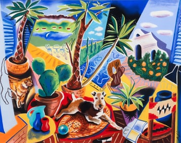 Late 20th Century Pastel on Paper Terrier and Cat