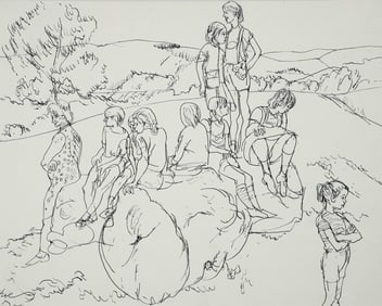 Henry Koerner ink drawing Children Playing Austria