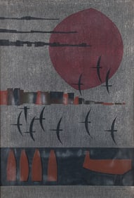 Kunihiro Amano rare 1965 color woodcut Birds Flying By