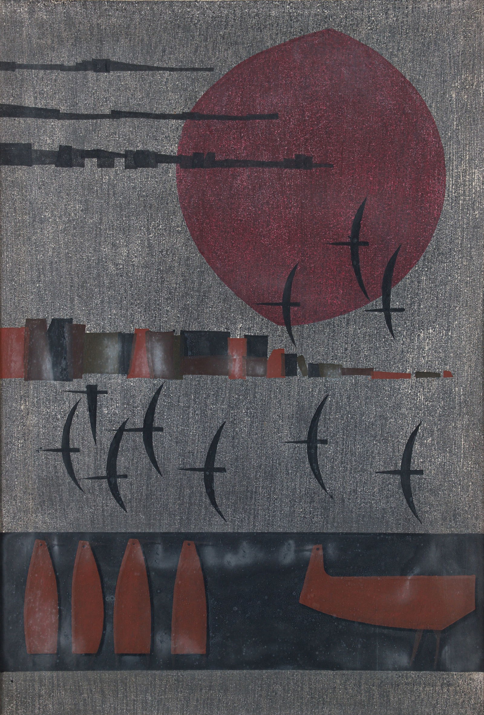 Kunihiro Amano rare 1965 color woodcut Birds Flying By (1 of 5)