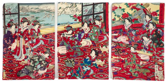 Chikanobu Court Ladies with View of Snow Ukiyo-e Triptych