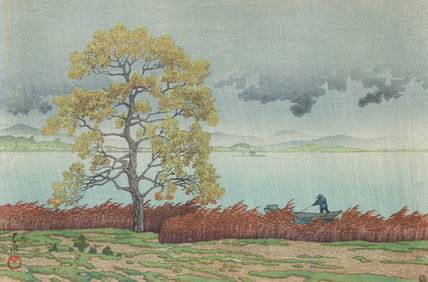 Hasui 1932 color woodblock Rain on the Lake Shore at Matsue