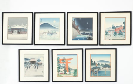 Tomikichiro Tokuriki Views of Kyoto 7 Woodblock Prints Framed
