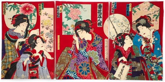 Kunichika Ukiyo-e Triptych Daughters of Flowers and Incense