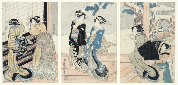 Utagawa Toyokuni II (Toyoshige) Woodblock Triptych