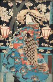 Yoshitora mid 19th Century woodblock Geisha in Kimono