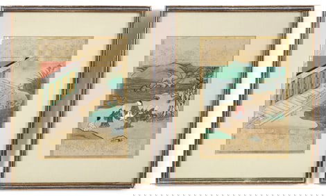 2 Asian watercolor drawings with gilded details