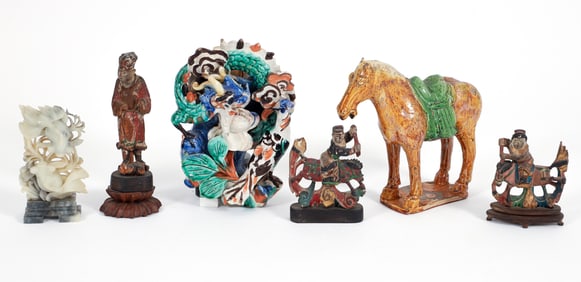 6 Chinese Pieces, Glazed Stoneware, Carved Figures