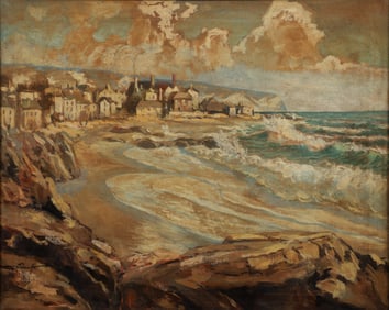 late 19th or Early 20th Century oil Mediterranean Seacoast Village