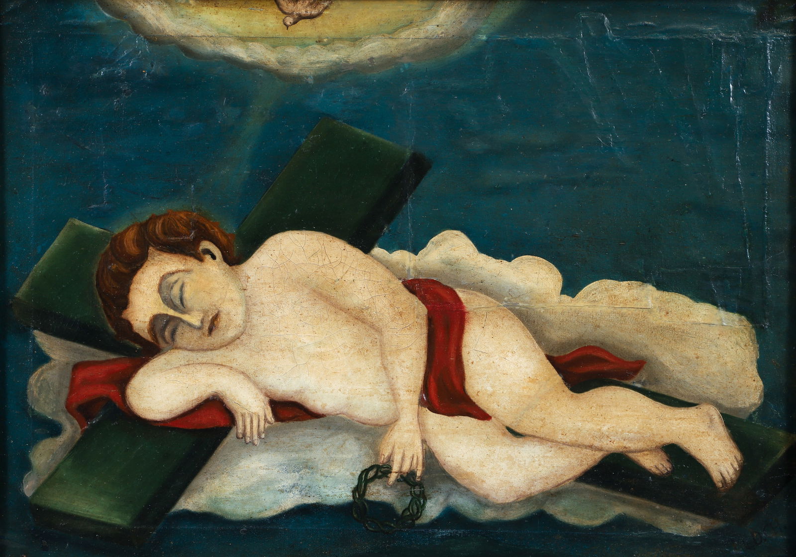 Mexican Self Taught School oil Child Jesus Sleeping in the Clouds: Mexican Self Taught School oil Child Jesus Sleeping in the Clouds, oil on canvas, 18 x 25 inches, with a period painted and compo frame measuring 23 x 30 inches.