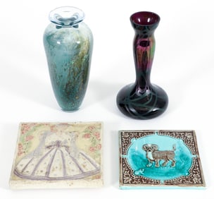 4 pcs. Inc. Rookwood Trivet, Sally Worcester Vase, Loetz Style