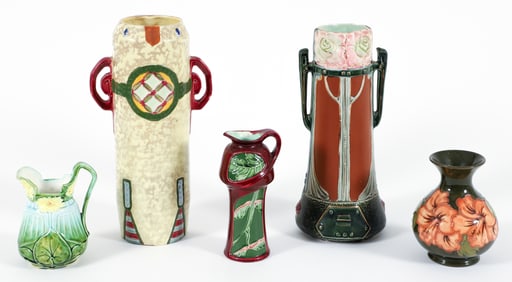 5 Majolica, Art Pottery Vases, Pitchers, and Ewers