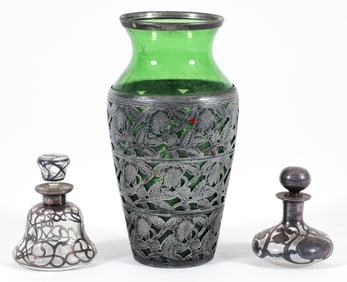 3 Pc. Silver Overlay, Art Nouveau Glass Bottles, Forbes Vase