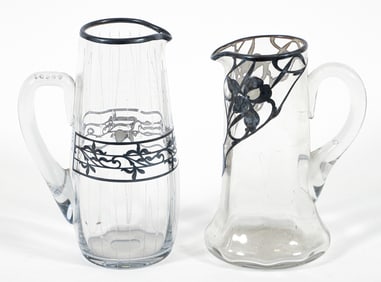 2 Silver Overlay Blown Glass Pitchers