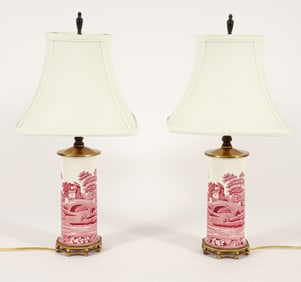 Antique pair of European transferware lamps