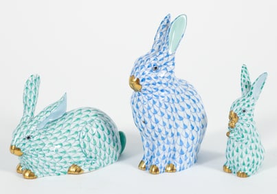 3 Herend Rabbits with gilded feet and noses