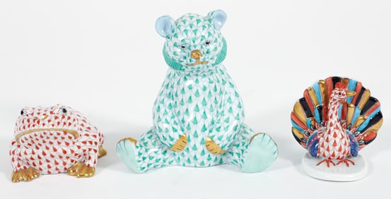 3 Herend Pieces, Bear, Frog, and Peacock