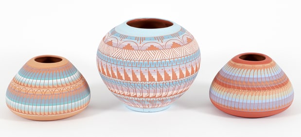 3 Navajo Pottery Pcs. Laura Bahe and Dennison Billy 1990s