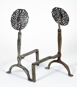Pair of Arts and Crafts Style Pierced Brass and Iron Andirons