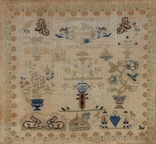 19th Century American Sampler with Rabbits, Butterflies, Urns and other symbols