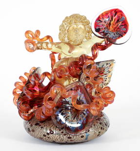 Dale Chihuly Blown Glass Sculpture Putto Coils Flowers: Chihuly, Dale (American, b. 1941), Gilded Putto Amongst Orange Coils and Flowers, 1993, blown and gathered glass with gold leaf, incised signature at underside. 12 x 11 x 12 inches. Exhibited: Westmor