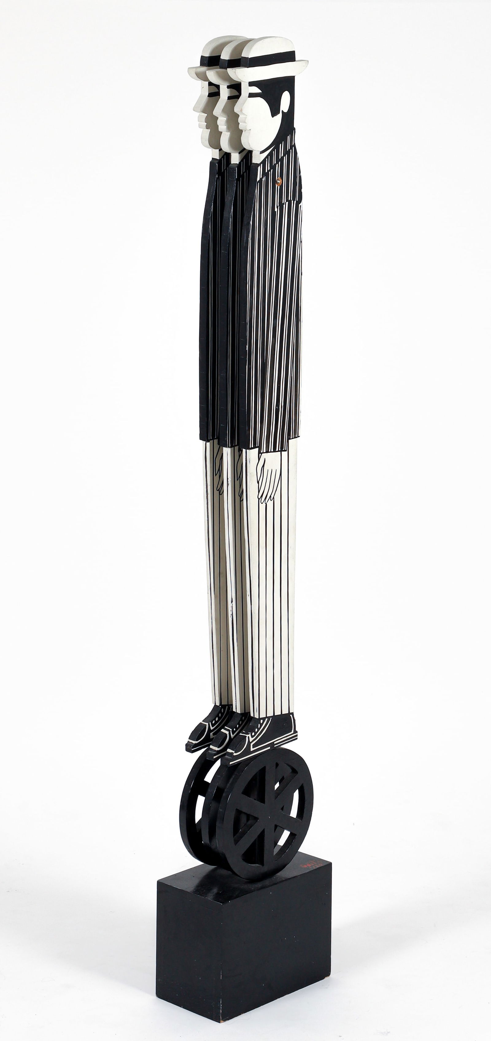 Yannis Gaitis painted wood sculpture Three Men on a Wheel 1971: Gaitis, Yannis (Greek, 1923-1984), Three Men on a Wheel, 1971, painted wood sculpture multiple, 62.5 x 10.5 x 6 inches, signed and numbered 1/20 on base.