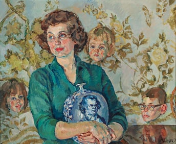 Henry Koerner Oil on Canvas Woman, Vase, & Wallpaper