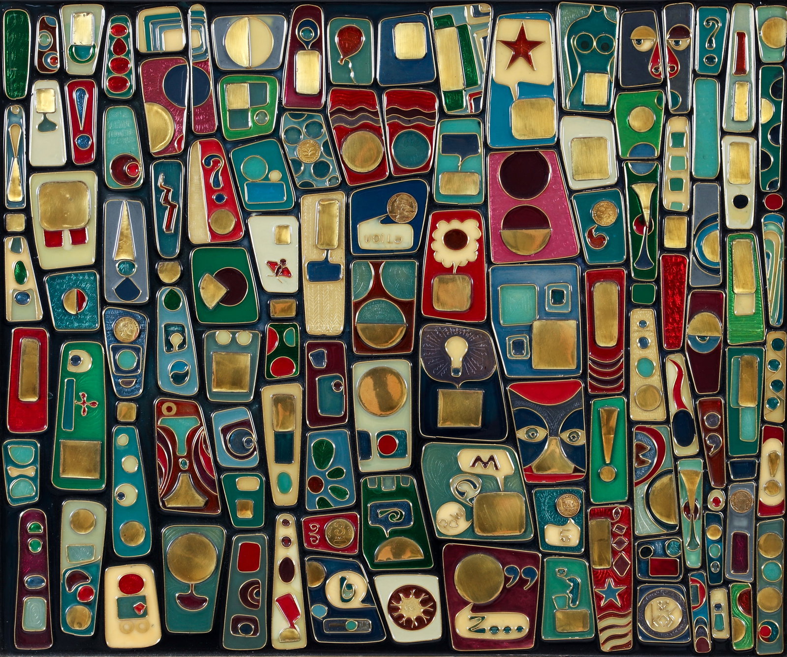 Ed Kosewicz Mixed Media 1982 Comic Strip: Kosewicz, Edward (American/Pittsburgh, 20th century), Comic Strip, 1982, mixed media with resin cloisonne, coins and other elements, signed, titled and dated on the verso, 20 x 24 inches, in the artis