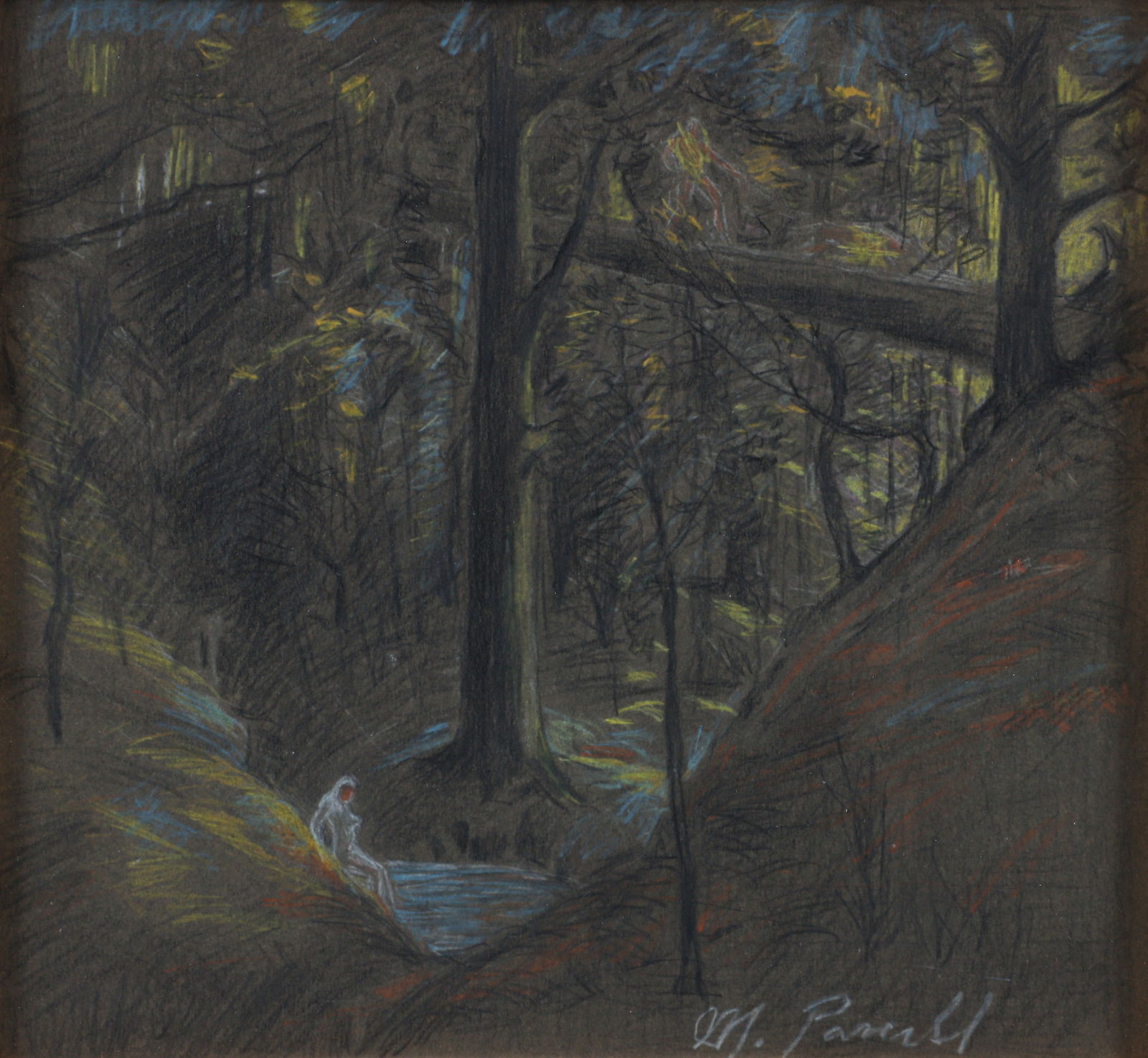 Malcolm Parcell Nude The Forest Bather Oil Pastel: Parcell, Malcolm (American, Western PA, 1896-1987), Nude-The Forest Bather, mid-20th century, oil pastel on thin board, signed lower right, sight 9 x 9.75 inches, framed 17.75 x 18.75 inches. Provenan
