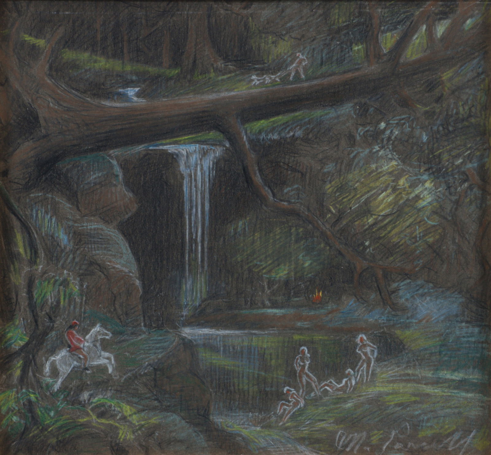 Malcolm Parcell The Intruder Oil Pastel: Parcell, Malcolm (American, Western PA, 1896-1987), The Intruder, mid-20th century, oil pastel on thin board, signed lower right, sight 9 x 9.75 inches, framed 17.75 x 18.5 inches. Provenance: Zimmerm