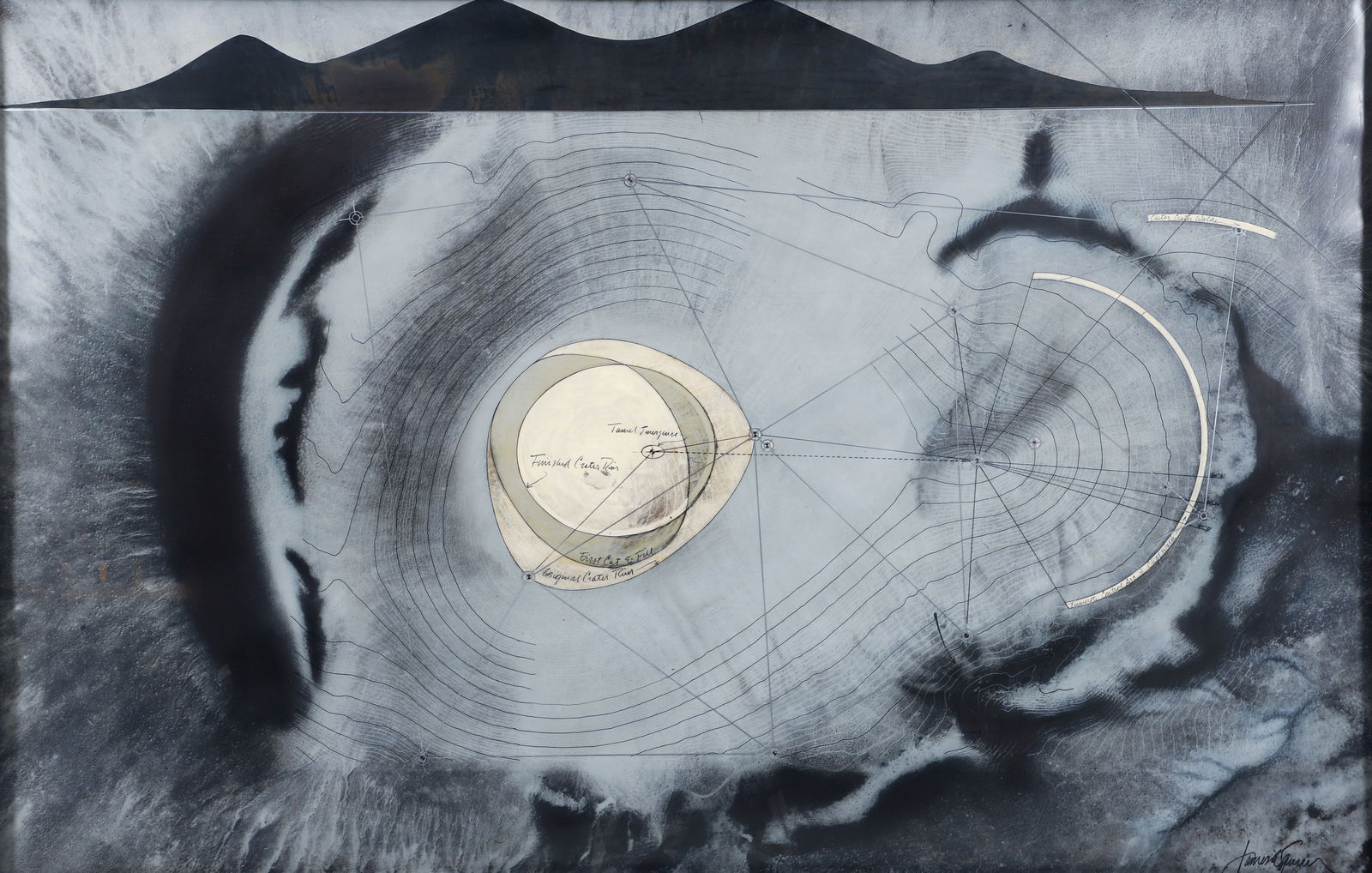 James Turrell Roden Crater Survey Acrylic on Mylar 1991: Turrell, James (American, contemporary), Roden Crater Survey, Net, and Bowl Shaping, 1991, photo emulsion, acrylic and wax on mylar, signed lower right, 38 x 60 inches, in a silver frame 39.5 x 61.5 i