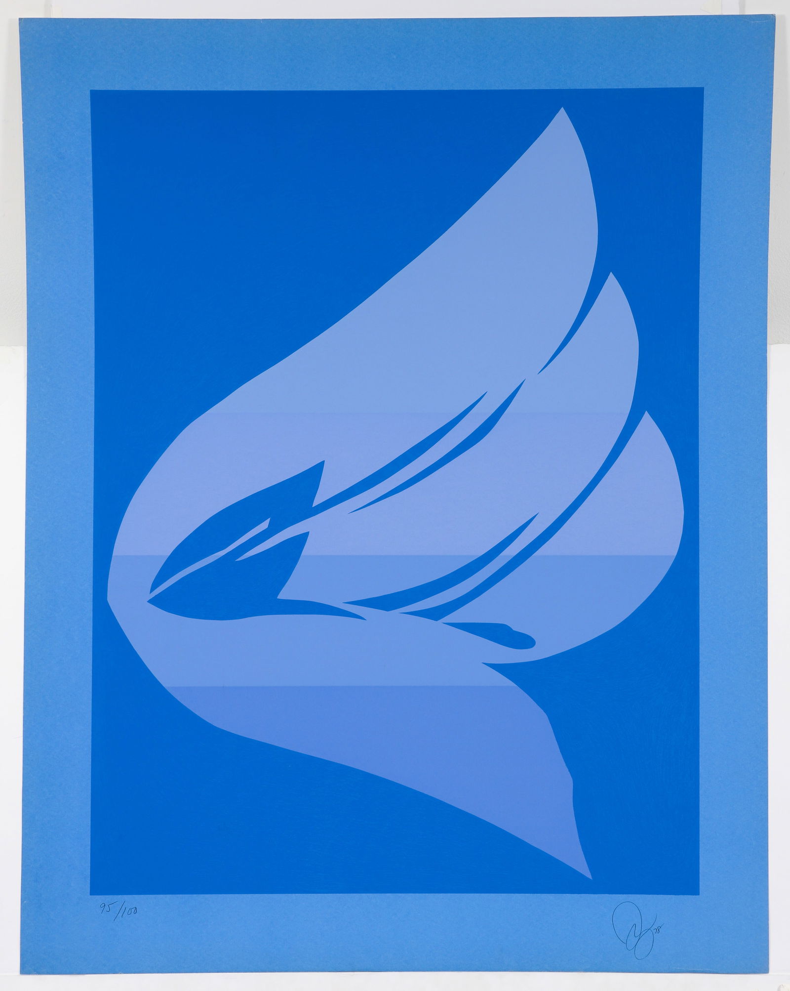 Jack Youngerman Large Blue and Violet Serigraph 1978: Youngerman, Jack (American, 1926-2020), Untitled (Blue and Violet), 1978, color serigraph on paper, pencil signed, dated and editioned 95/100 at lower margin, sheet size 56 x 44 inches, unframed.