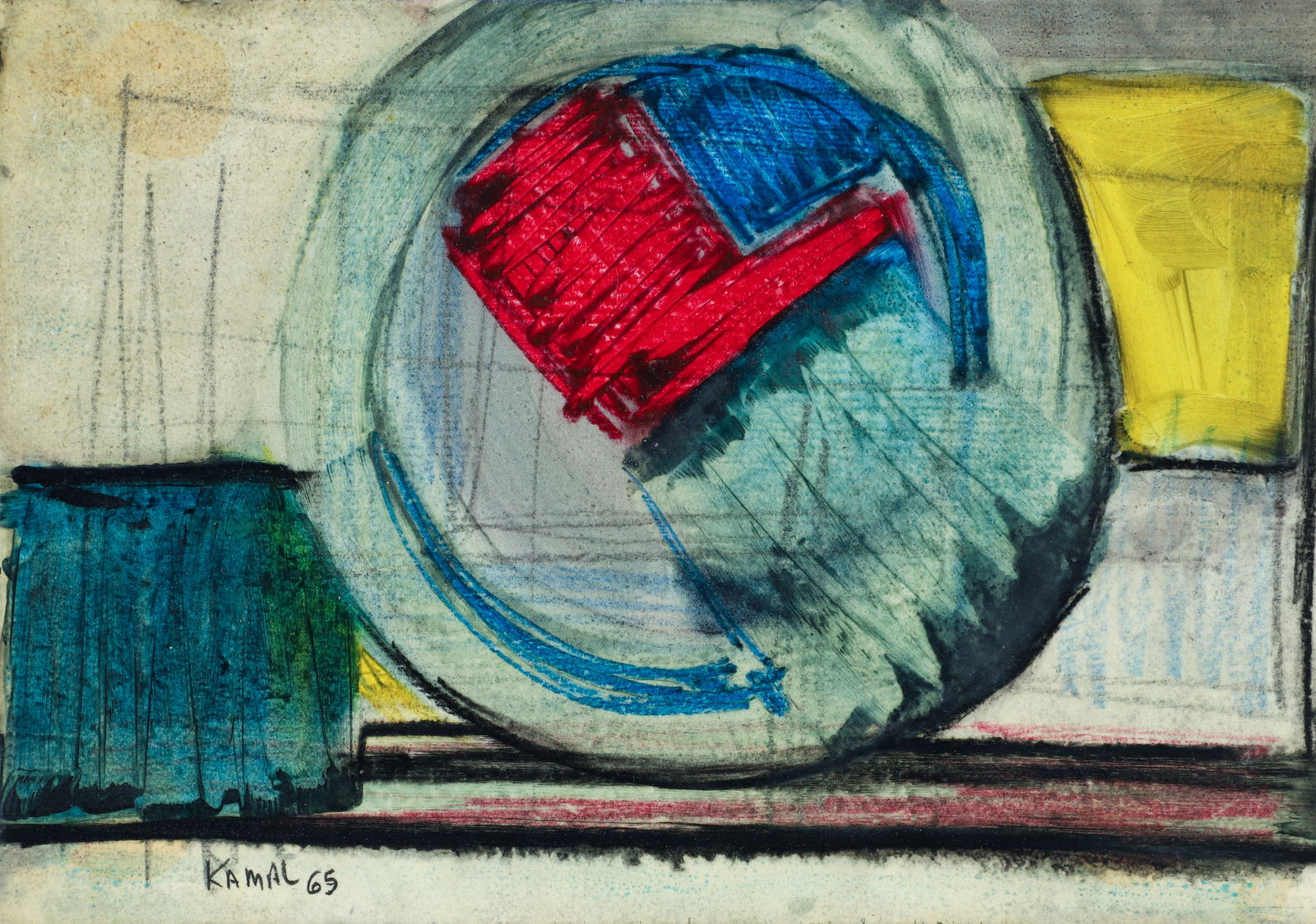 Kamal Youssef 1965 Abstract Work on Paper: Youssef, Kamal (Egyptian/American/Pittsburgh, 1926-2019), Untitled Abstract, 1965, mixed media with oil and pastel on paper, signed and dated lower left, 11 x 15.5 inches, floated in a light wood fram