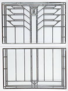 Pair of Frank Lloyd Wright Foundation leaded glass windows: Frank Lloyd Wright Leaded Glass window in two sections issued by FLW Foundation, measuring 27.75 x 43 inches, overall 55.5 x 43 inches, incised with Accepted Design by Frank Lloyd Wright
