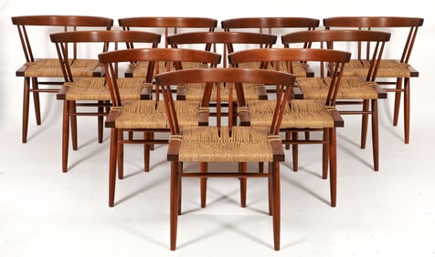 Set of 10 George Nakashima Grass-Seat Chairs