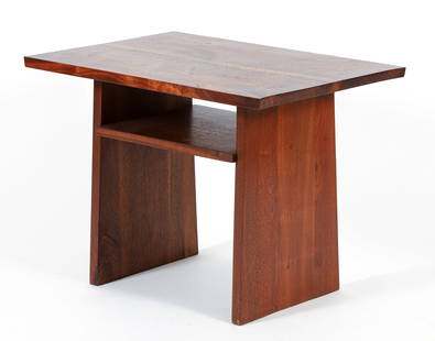 George Nakashima Walnut Portsmouth End Table: Nakashima, George (Japanese/American, 1905-1990), Portsmouth End Table, mid 20th century, walnut. 21 x 27.75 x 20 inches. Provenance: Acquired from the George Nakashima Studio, New Hope, PA.